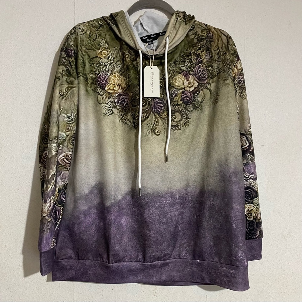 Shall We Green and Purple Floral Ombre Hoodie: Size M